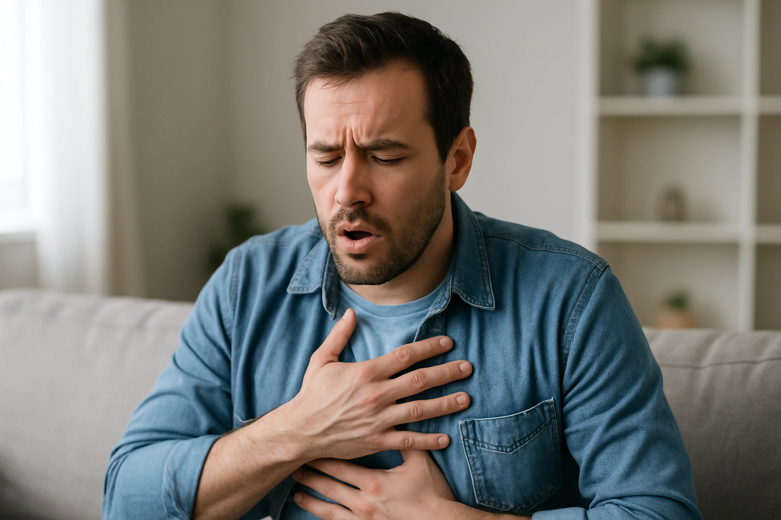 A man holding his chest and breathing heavily, showing symptoms discussed in Does Anxiety Cause Shortness of Breath.