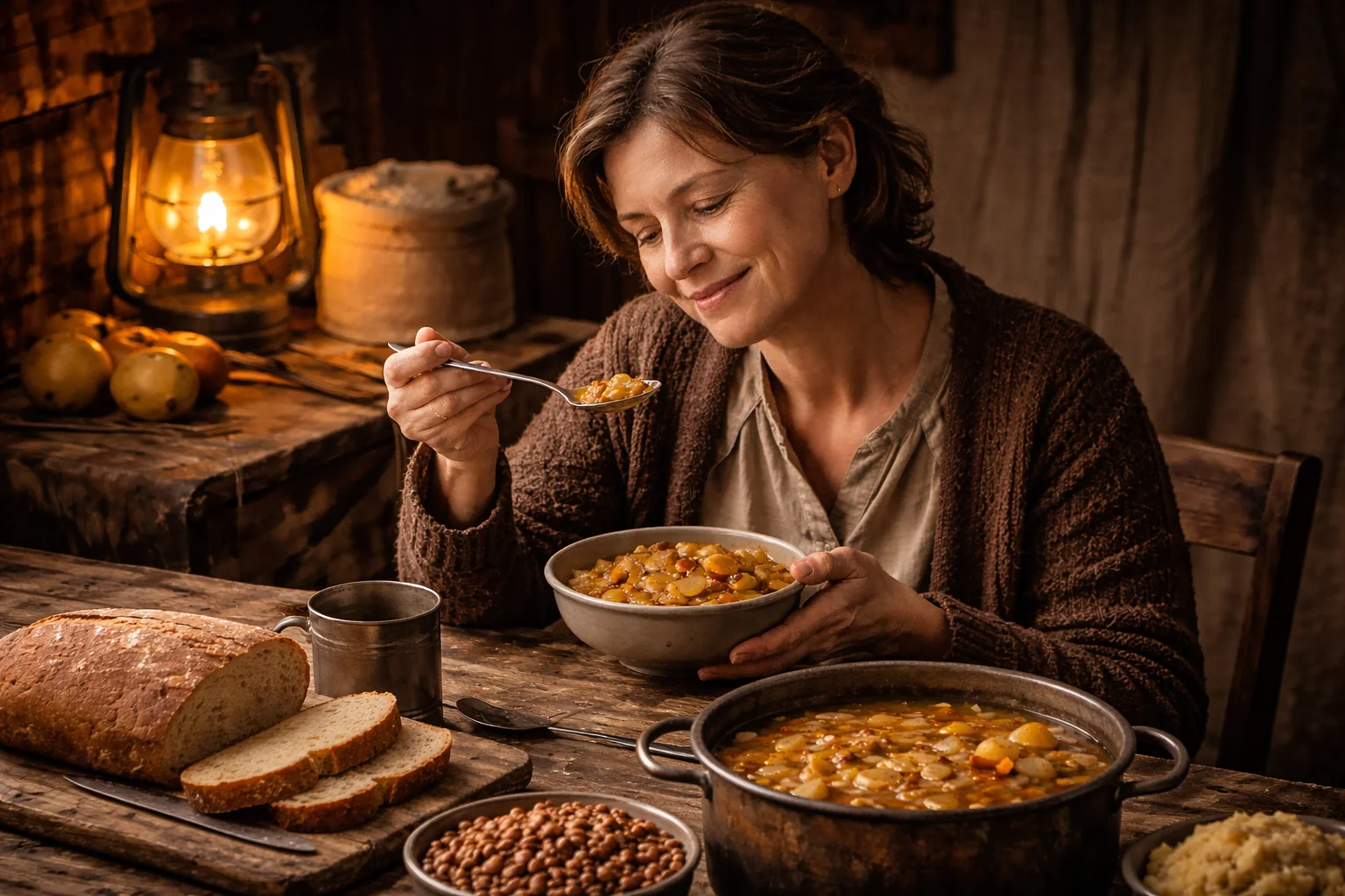 Middle-aged woman enjoying Great Depression food, a bowl of vegetable stew, in a vintage kitchen with rustic bread and beans